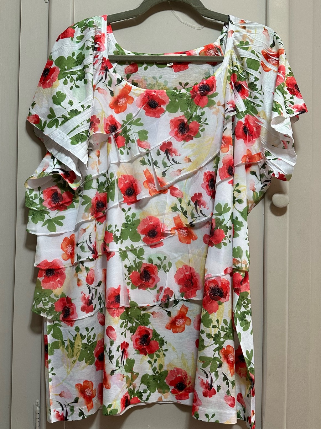 Indigo Soul White Floral Ruffle Top With Red & Green Print
